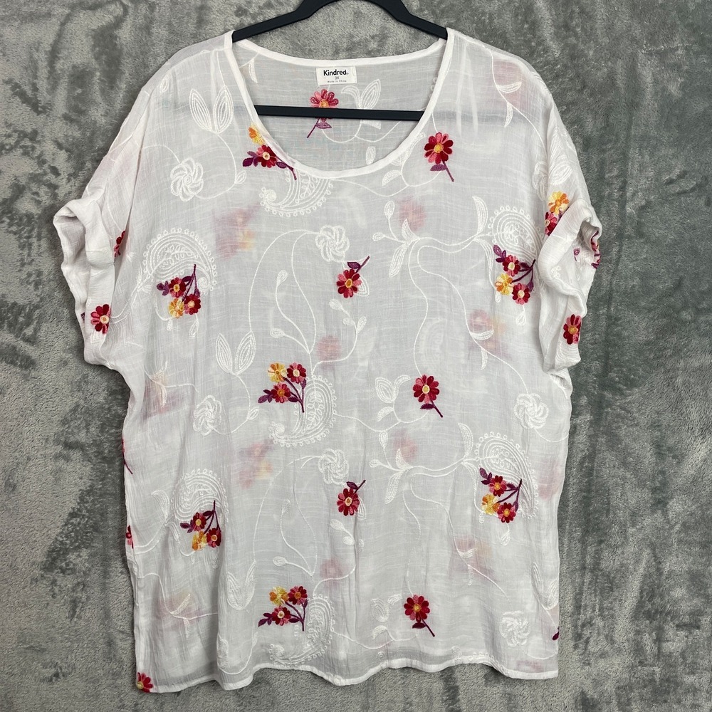 Anthropologie White Sheer Floral Embroidered Tunic with Red and Yellow Flowers